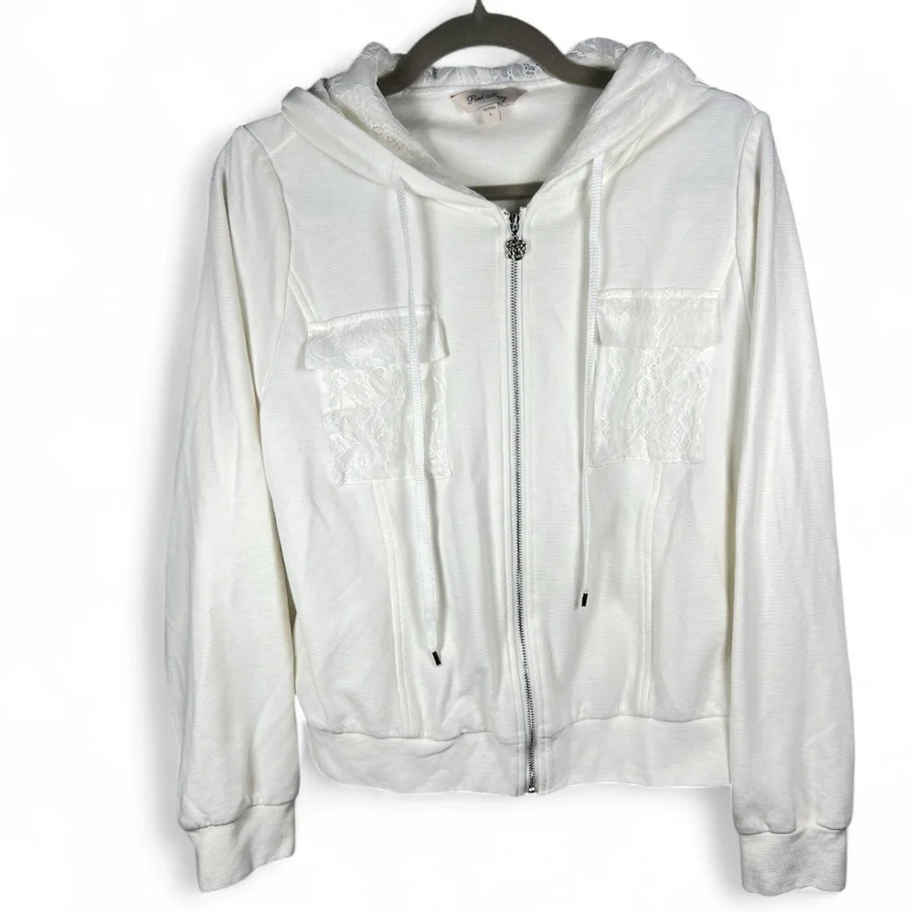 Like New White Pink Mary Ribbed Lace Hooded Zip Up Side Pockets Size Large